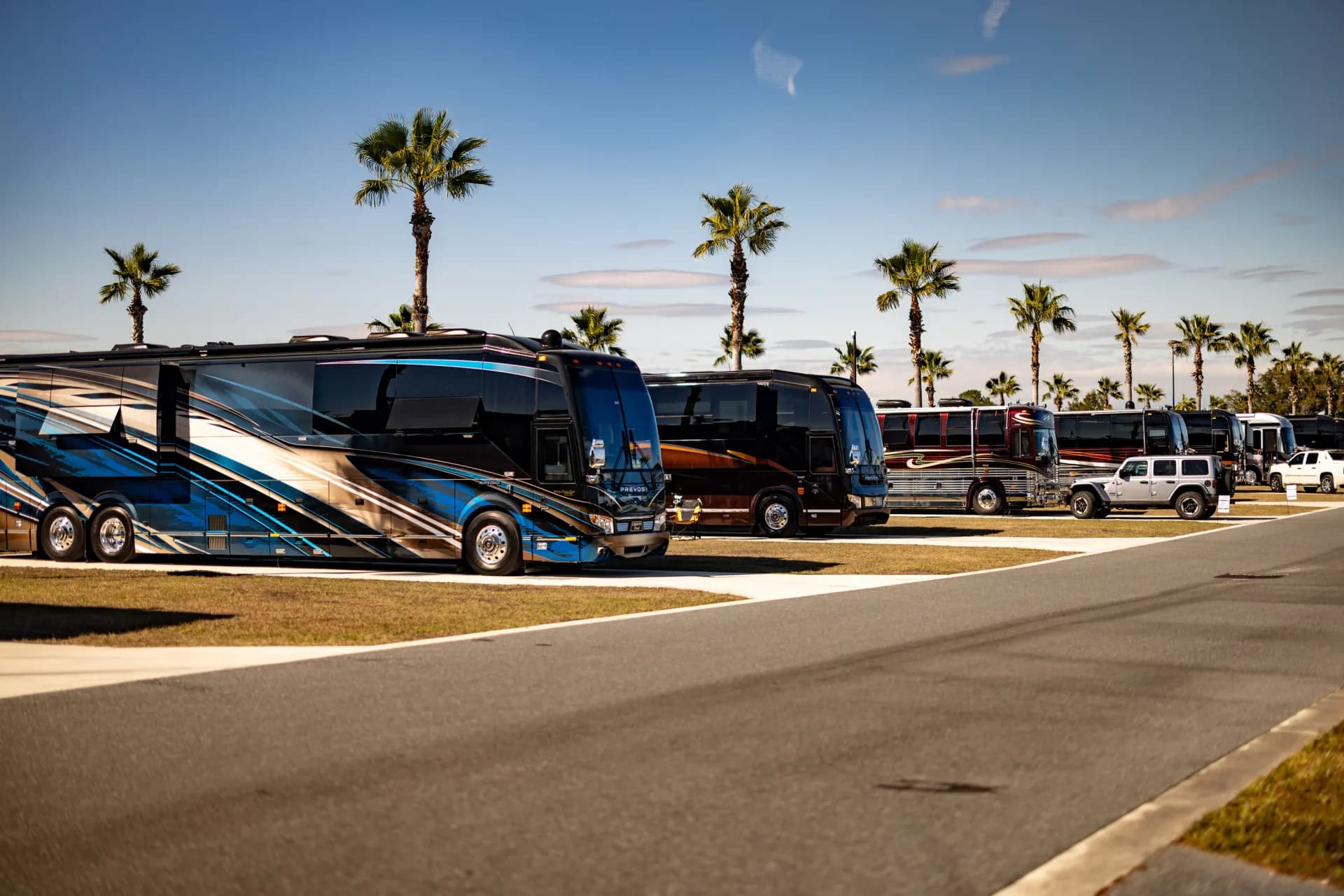 Prevost motorhomes at a luxury resort