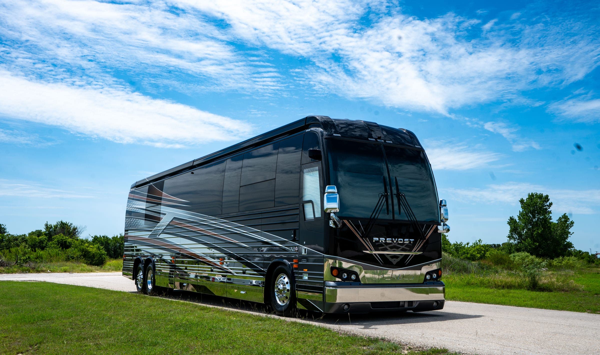 Emerald Prevost with black and silver custom paint beneath a bright sky