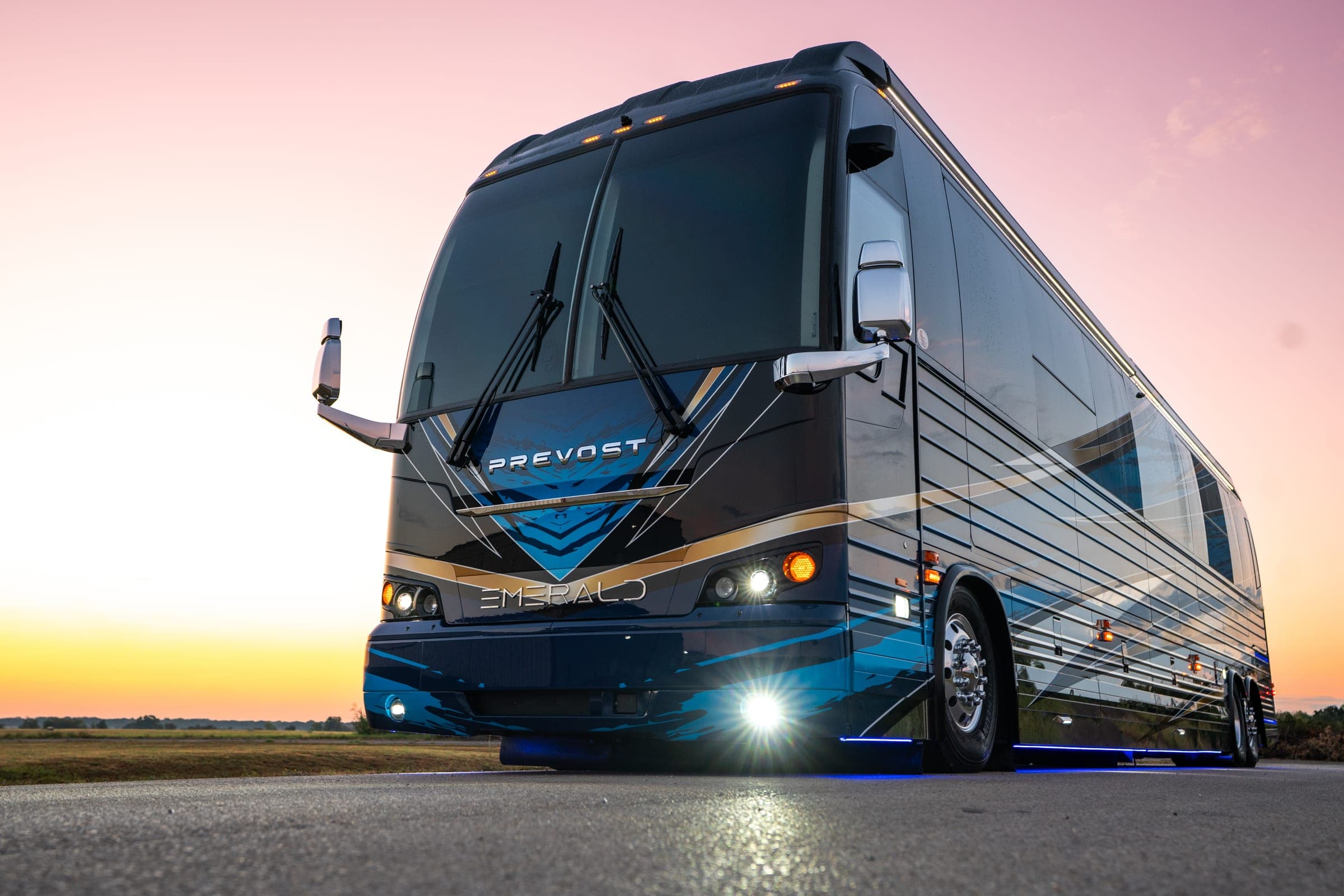 Emerald Prevost with blue and silver custom paint at sunset